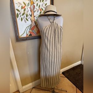 Vintage linen blend cream halter dress sz L/XL  (A01)